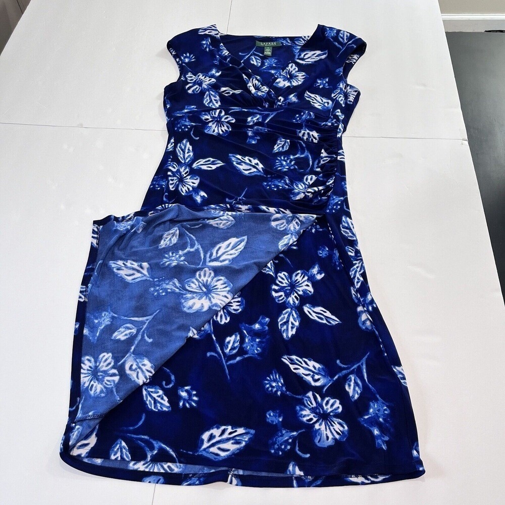Ralph Lauren Blue White Floral Faux Wrap Sleeveless Dress Size 8 - Picture 3 of 8